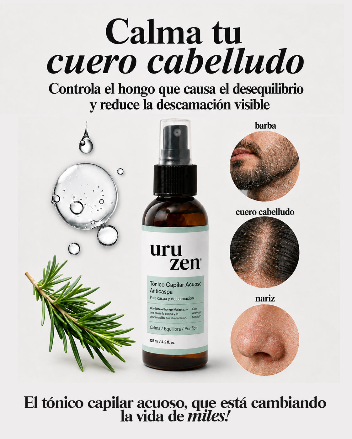 Tónico Natural Uruzen · Purifica y equilibra el microbioma capilar · Cuero cabelludo en paz